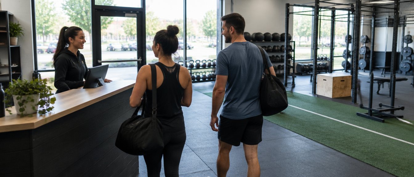 Deux membres arrivent à l’accueil du Club Athlétique Rosemont, la salle d’entraînement en arrière-plan