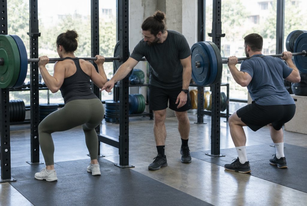 Un entraîneur suit deux clients qui s’entraînent côte à côte au rack de squat au Club Athlétique Rosemont